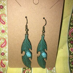 Vintage Feather Bronze Bohemian Blue Stone Drop Earring NWOT